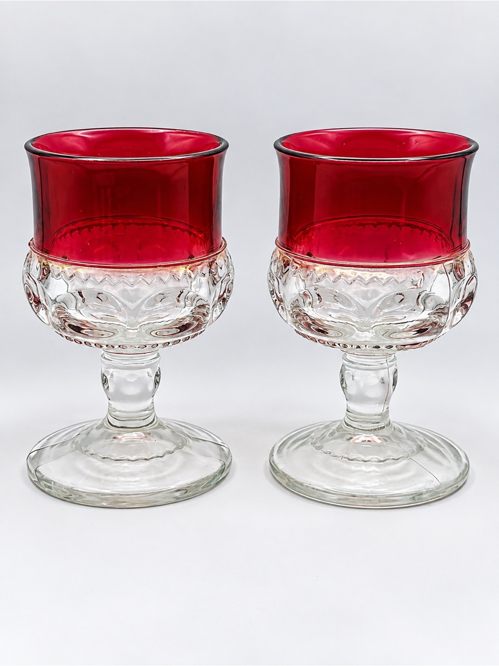 Vintage Ruby Red Thumbprint Glass Goblets | Mid-Century Barware Set of 2